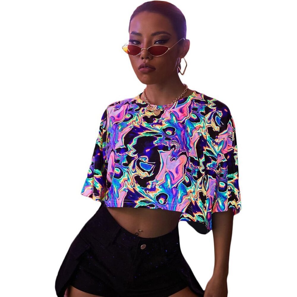 Women's Reflective Crop Top Polyester Short Sleeve Round Neck Casual T Shirt